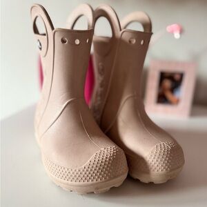 CROCS Kids Tan and Pink Rain Boots
